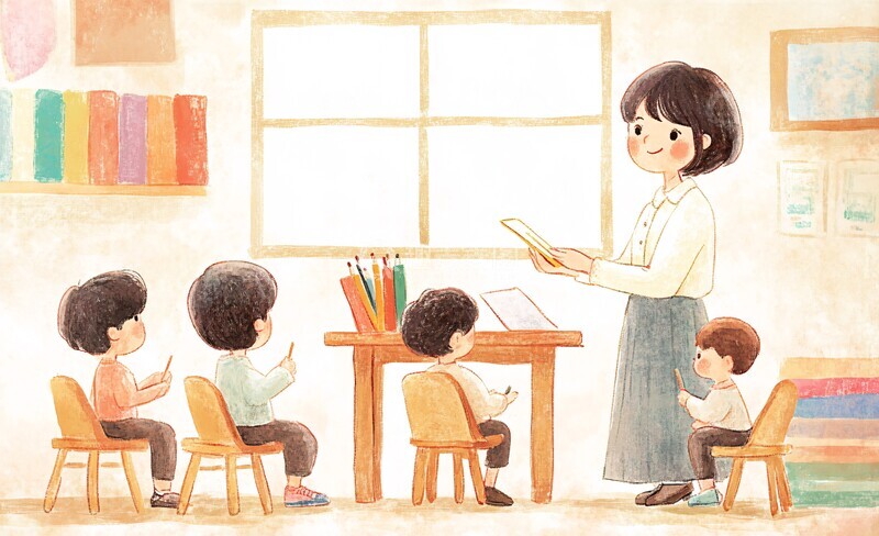 女老师教孩子画画