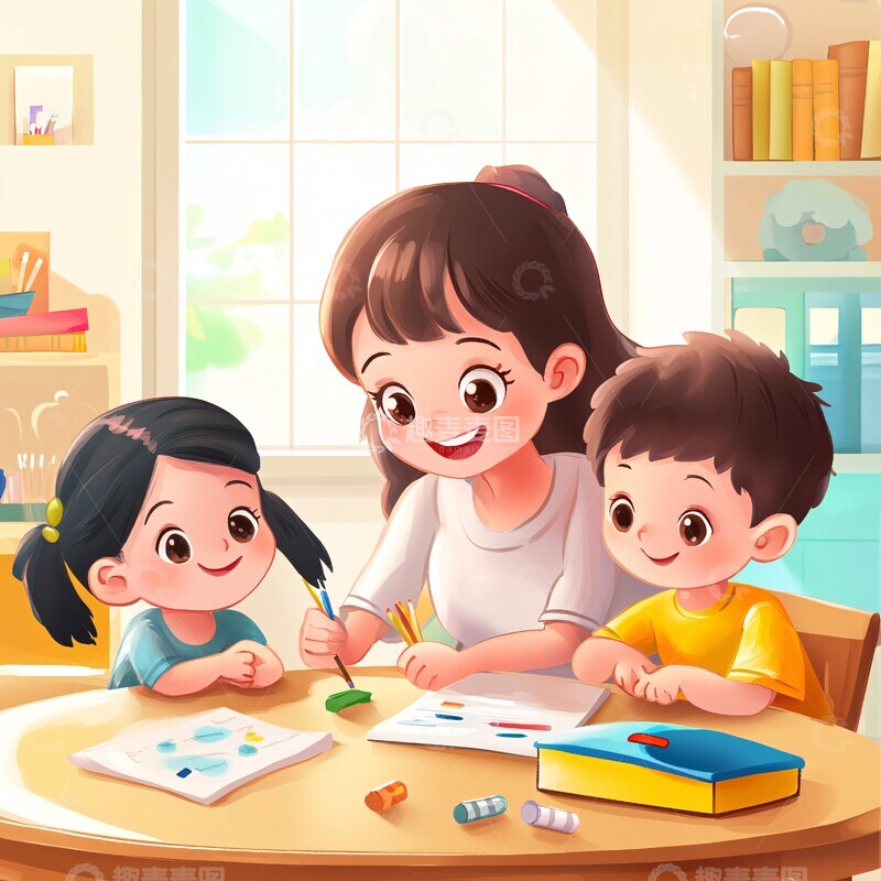 高清大图下载【趣麦麦图】母亲教孩子做作业1