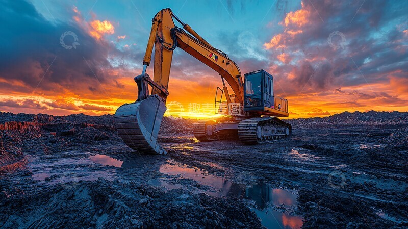 高清大图下载【趣麦麦图】挖掘机工地夕阳