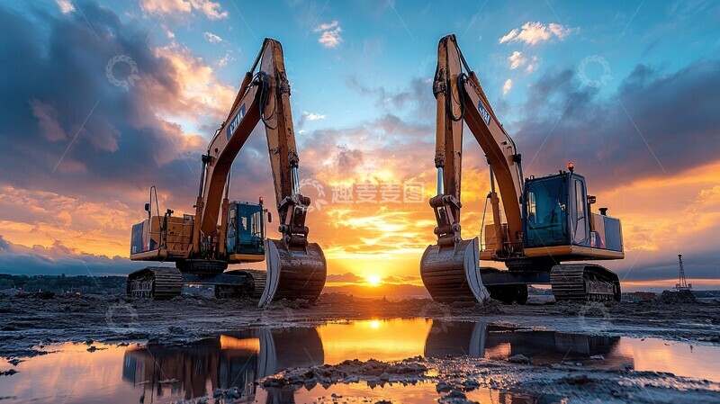 高清大图下载【趣麦麦图】挖掘机工地夕阳2