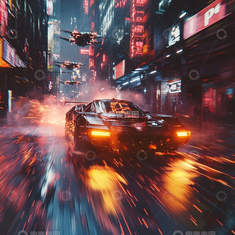 高清大图下载【趣麦麦图】霓虹车辆逃离追踪
