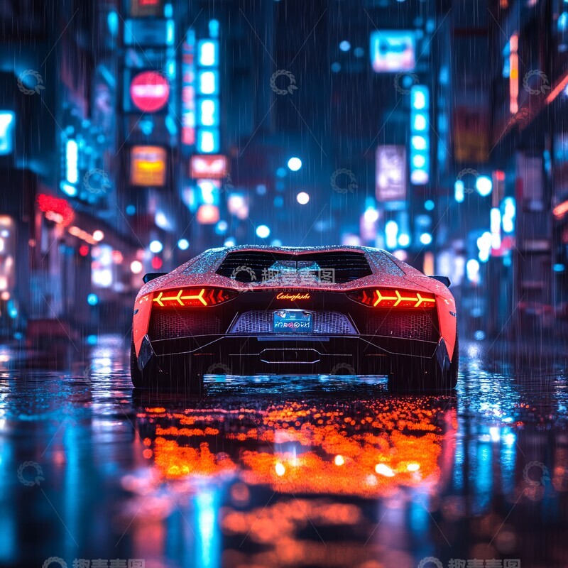 高清大图下载【趣麦麦图】兰博基尼光雨夜1