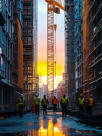 吊车与工人施工