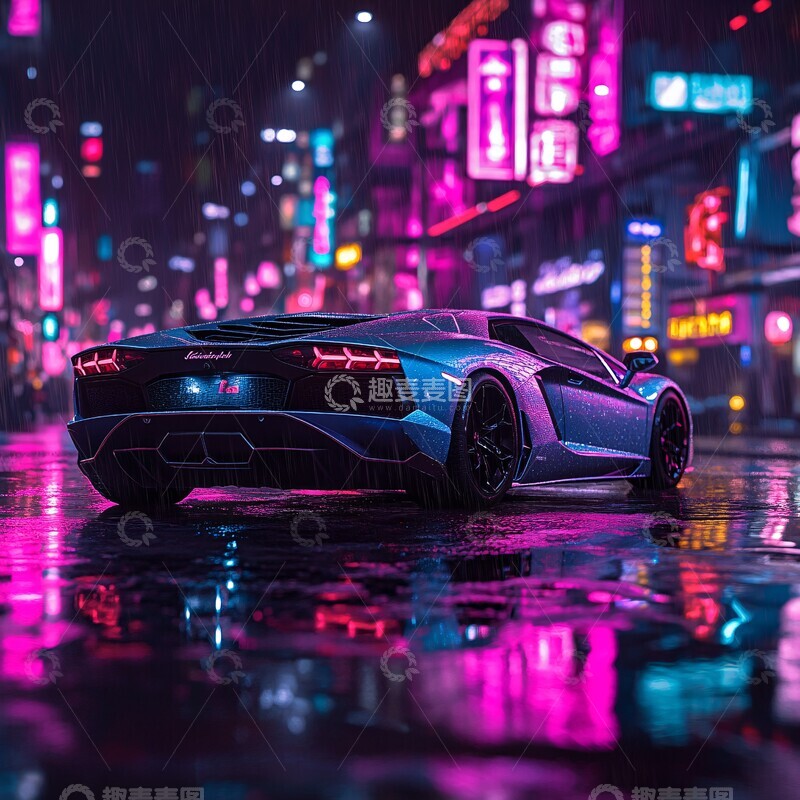 高清大图下载【趣麦麦图】兰博基尼光雨夜