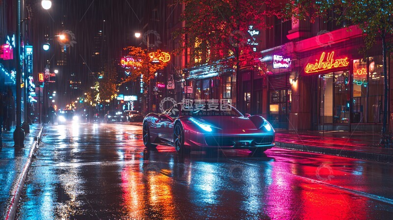 高清大图下载【趣麦麦图】雨夜飞驰飞驰街道汽车2
