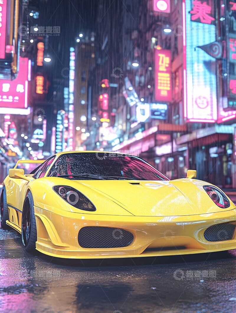 高清大图下载【趣麦麦图】黄色跑车夜景1
