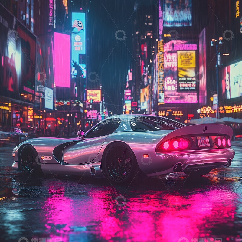 高清大图下载【趣麦麦图】银色跑车雨夜霓虹
