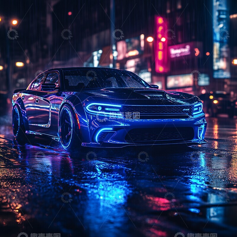 高清大图下载【趣麦麦图】蓝色霓虹车灯