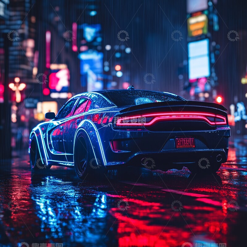高清大图下载【趣麦麦图】蓝色霓虹车灯1