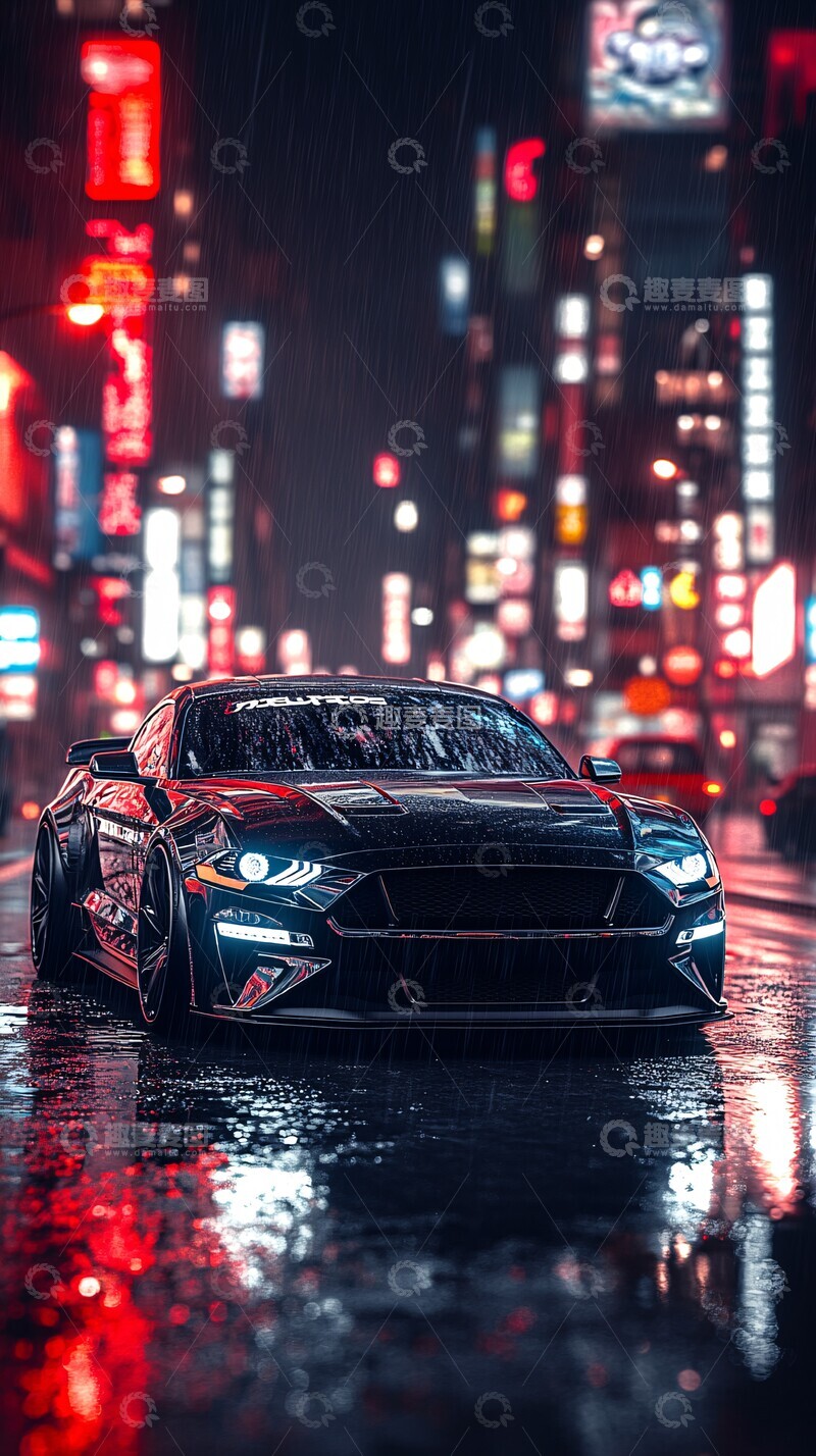 高清大图下载【趣麦麦图】黑色野马夜晚街道