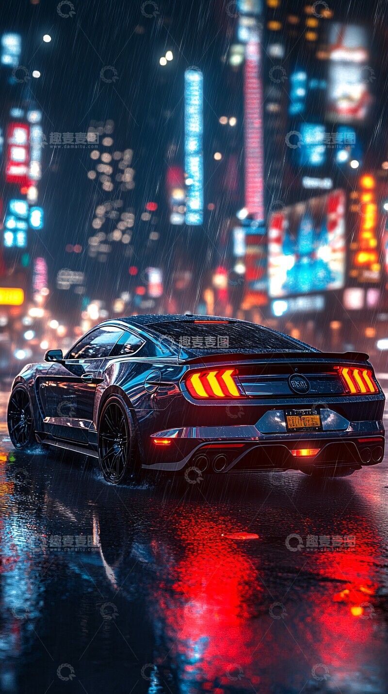 高清大图下载【趣麦麦图】黑色野马夜晚街道1