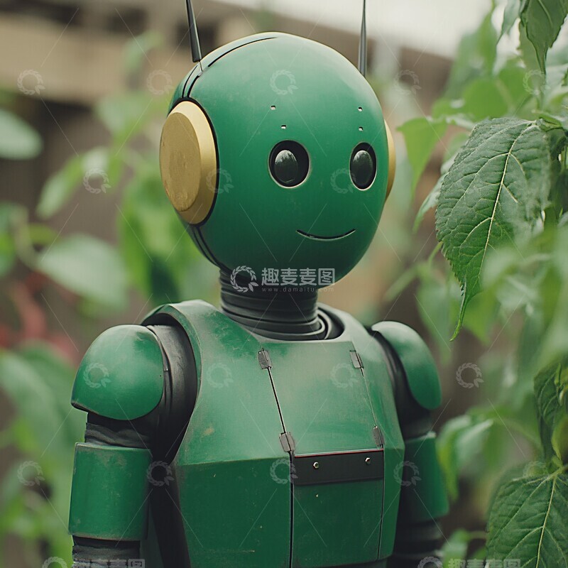 高清大图下载【趣麦麦图】绿色机器人分析植物