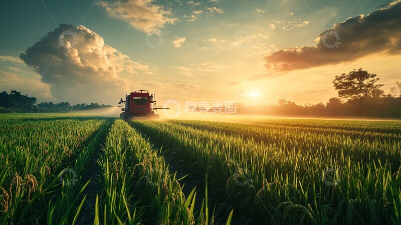 高清大图下载【趣麦麦图】无人机喷洒水稻田2