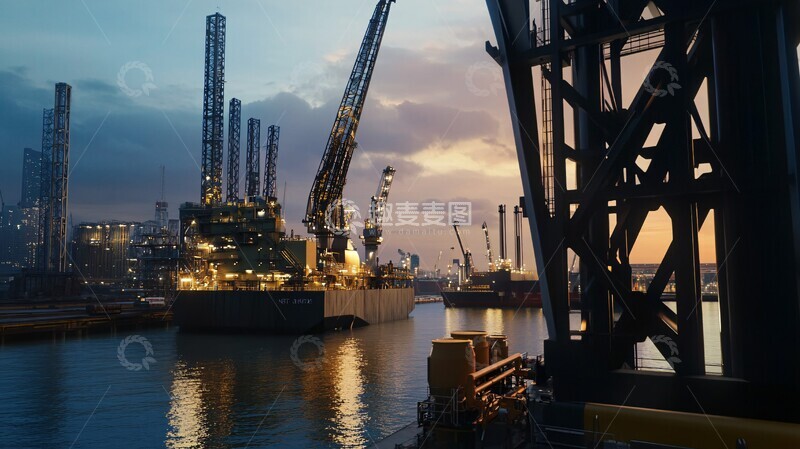 高清大图下载【趣麦麦图】工业油井港口晚景1