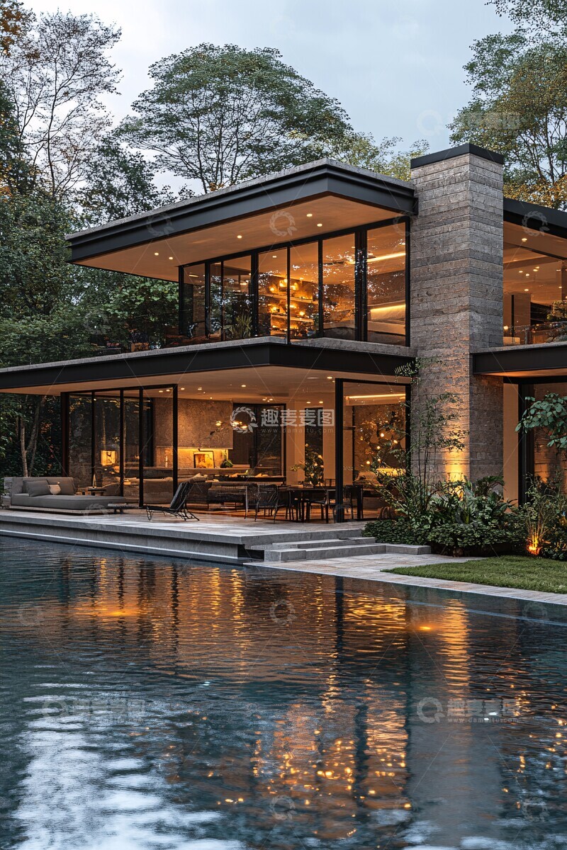 高清大图下载【趣麦麦图】现代混凝土玻璃住宅
