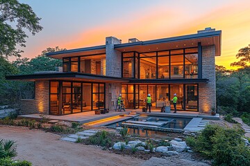 工人安装玻璃面板