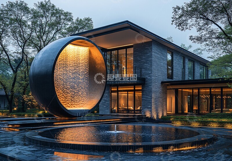 高清大图下载【趣麦麦图】圆形水池与玻璃窗1