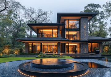 圆形水池与玻璃窗