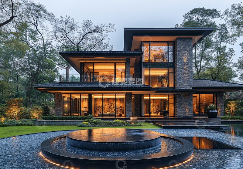 高清大图下载【趣麦麦图】圆形水池与玻璃窗