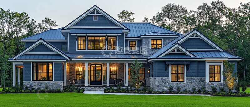 高清大图下载【趣麦麦图】灰白木屋绿树环绕2