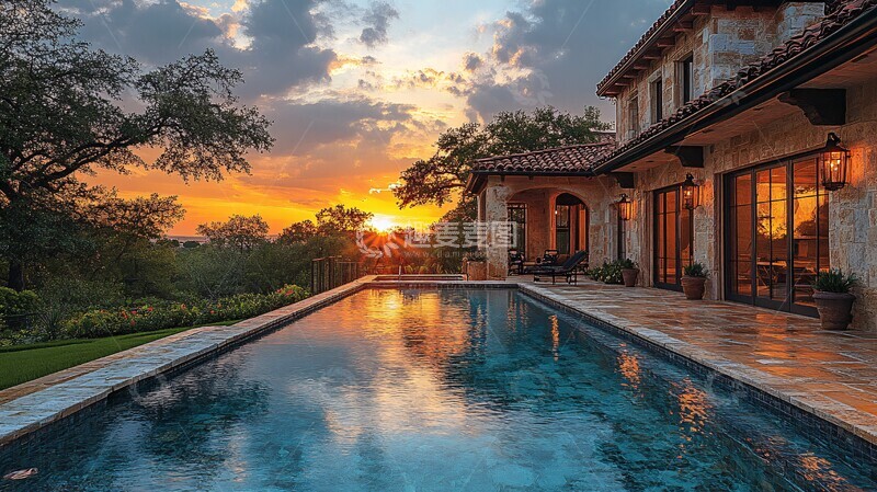 高清大图下载【趣麦麦图】无边泳池夕阳图