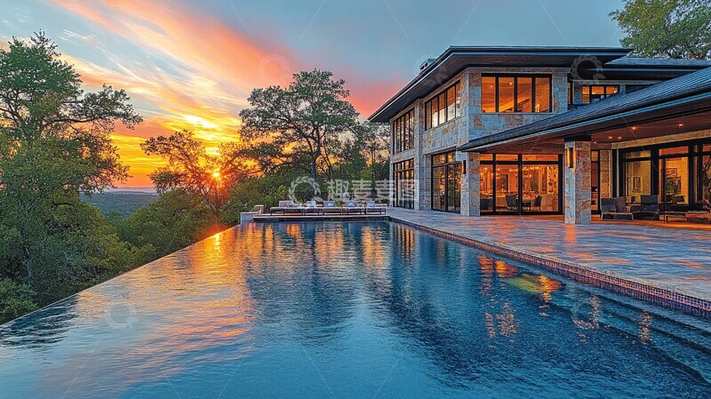 高清大图下载【趣麦麦图】无边泳池夕阳图1