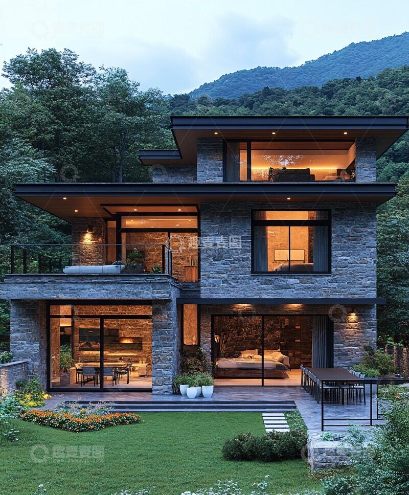 高清大图下载【趣麦麦图】石墙木窗山景庭院1