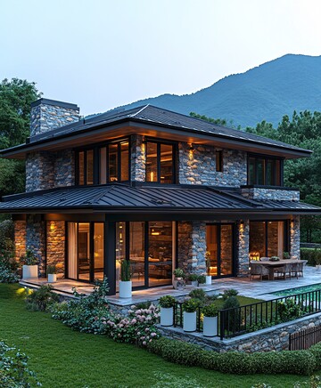 石墙木窗山景庭院