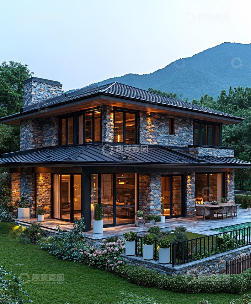 高清大图下载【趣麦麦图】石墙木窗山景庭院