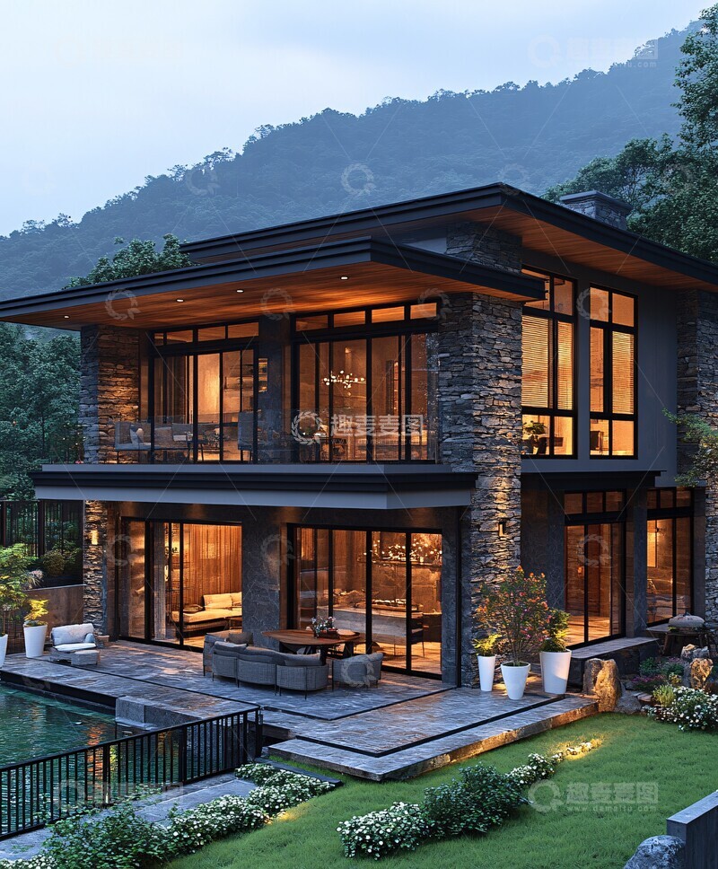 高清大图下载【趣麦麦图】石墙木窗山景庭院3