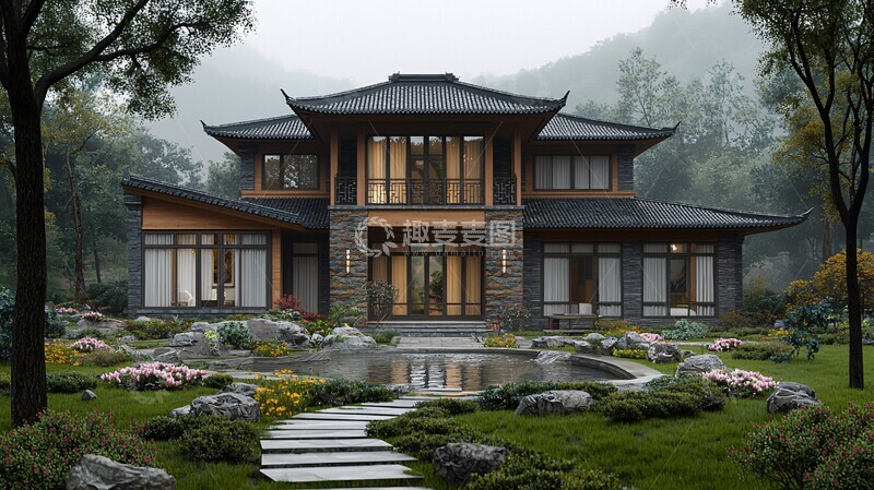 高清大图下载【趣麦麦图】中式别墅金辉夏影3