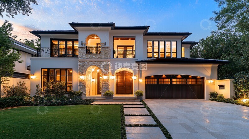 高清大图下载【趣麦麦图】双层豪宅前院夜景
