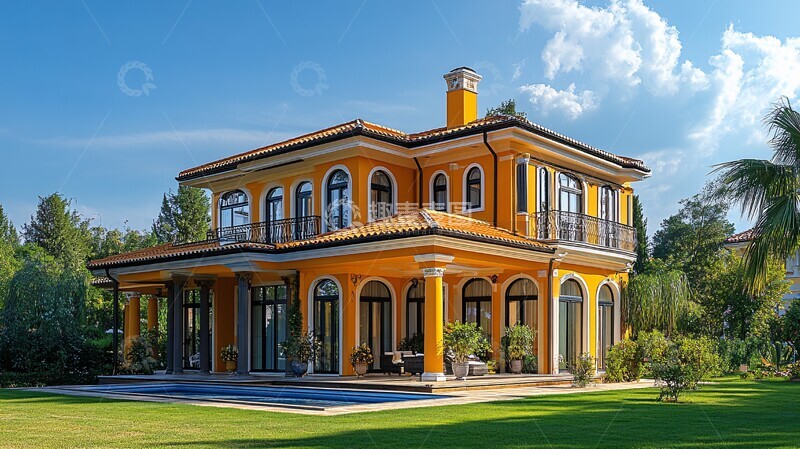 高清大图下载【趣麦麦图】金色别墅绿地蓝天