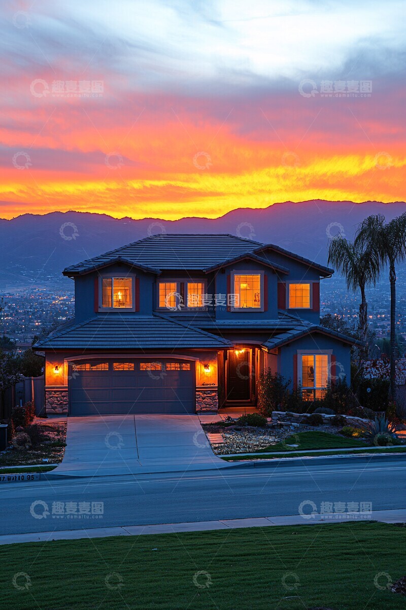 高清大图下载【趣麦麦图】两层房屋日落景色