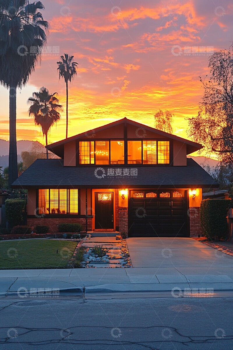 高清大图下载【趣麦麦图】两层房屋日落景色1