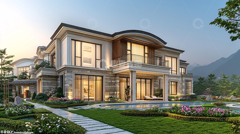 高清大图下载【趣麦麦图】中式别墅金辉夏影