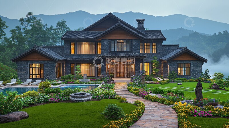 高清大图下载【趣麦麦图】中式别墅金辉夏影1