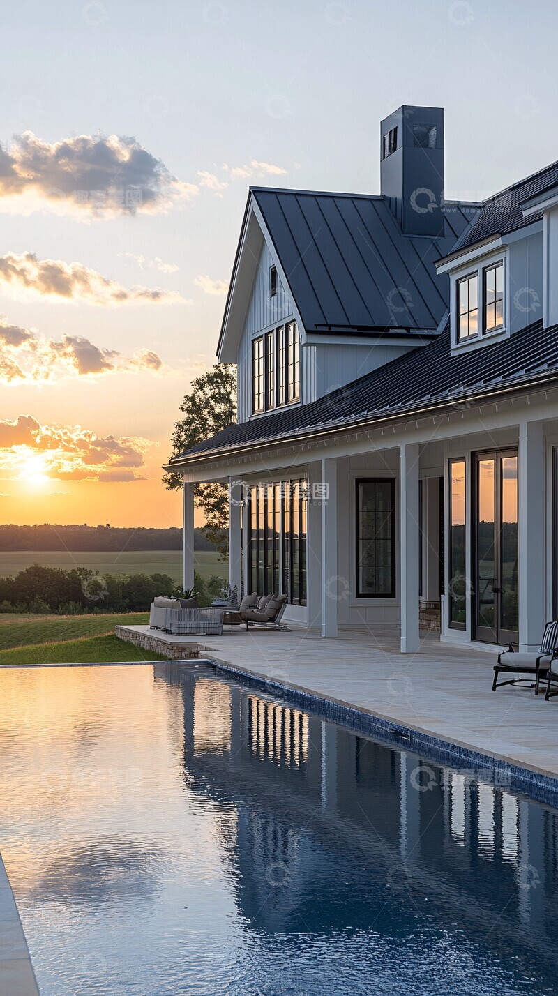 高清大图下载【趣麦麦图】白色农舍泳池夕阳
