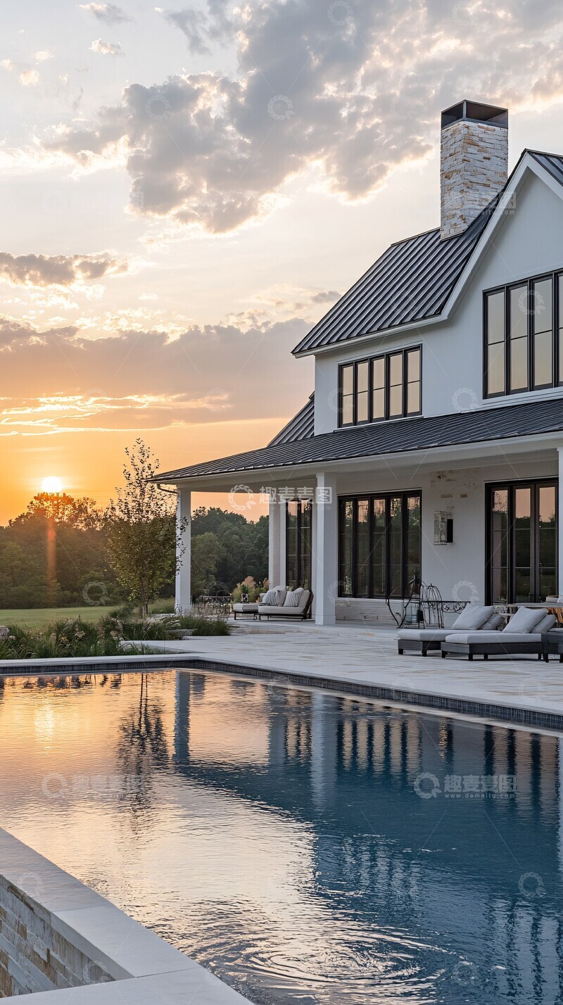 高清大图下载【趣麦麦图】白色农舍泳池夕阳1
