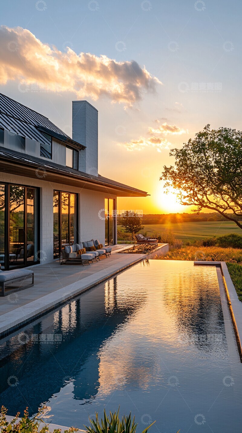 高清大图下载【趣麦麦图】白色农舍泳池夕阳2