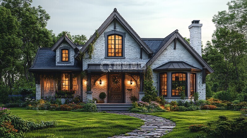 高清大图下载【趣麦麦图】白砖房与花园小径1