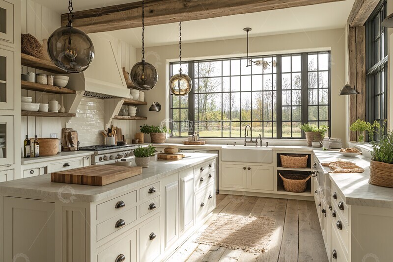 高清大图下载【趣麦麦图】白柜木纹厨房窗景2