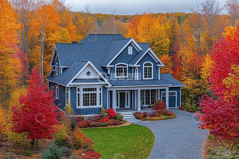 高清大图下载【趣麦麦图】秋叶环绕的灰蓝屋3