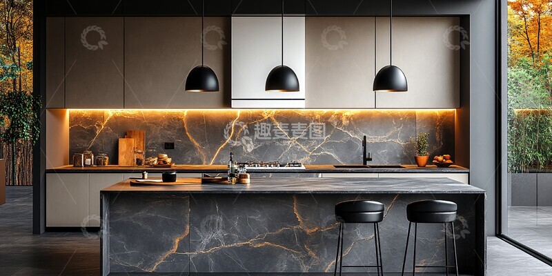 高清大图下载【趣麦麦图】黑色大理石厨房6
