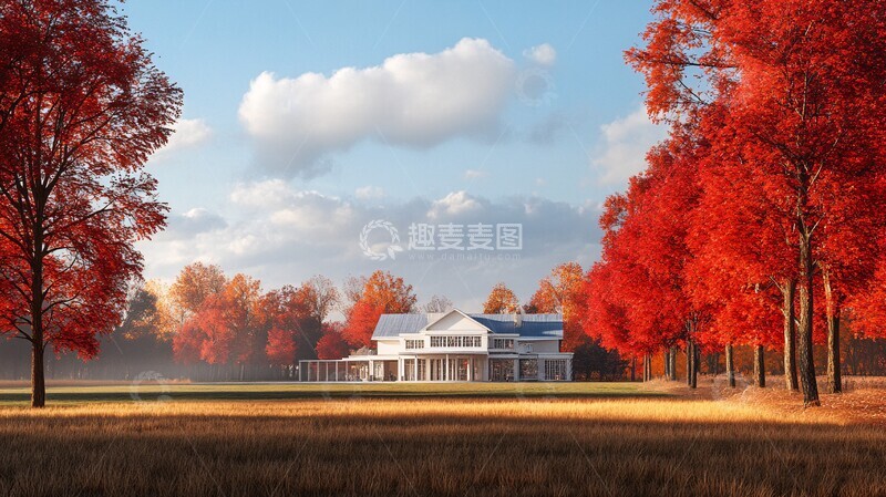 高清大图下载【趣麦麦图】枫林中的白色房屋1