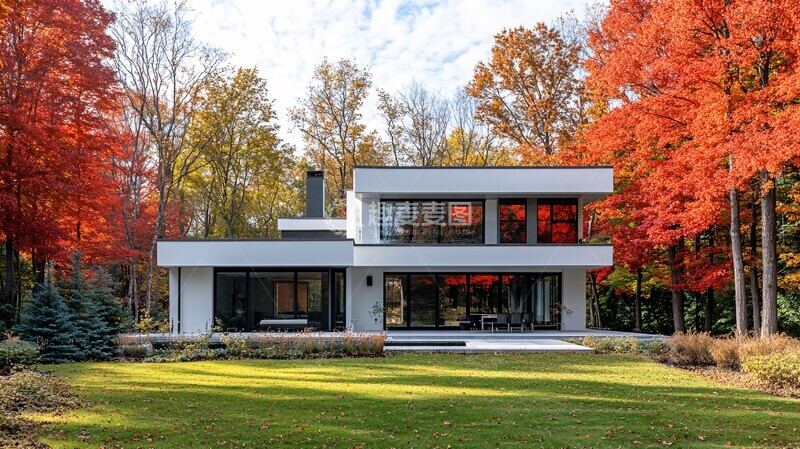 高清大图下载【趣麦麦图】枫林中的白色房屋2