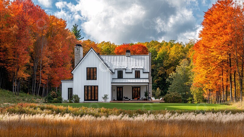 高清大图下载【趣麦麦图】枫林中的白色房屋