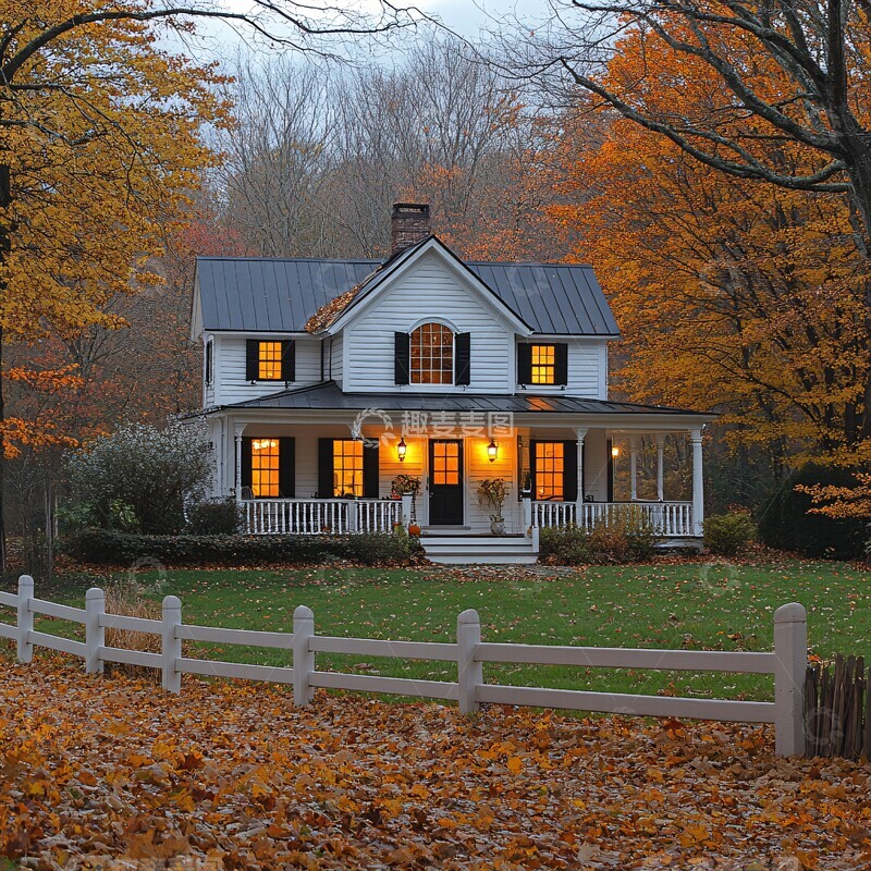 高清大图下载【趣麦麦图】白屋秋叶白屋黑顶栅栏