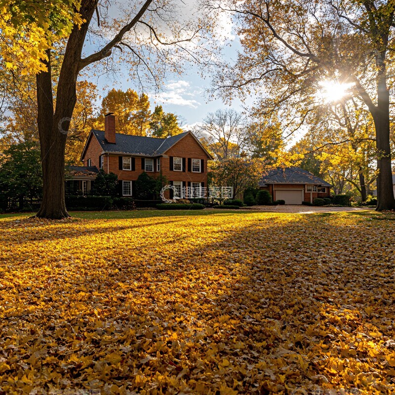 高清大图下载【趣麦麦图】秋林人家人家落叶远景