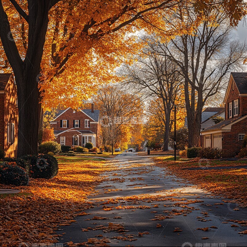 高清大图下载【趣麦麦图】秋林人家人家落叶远景1